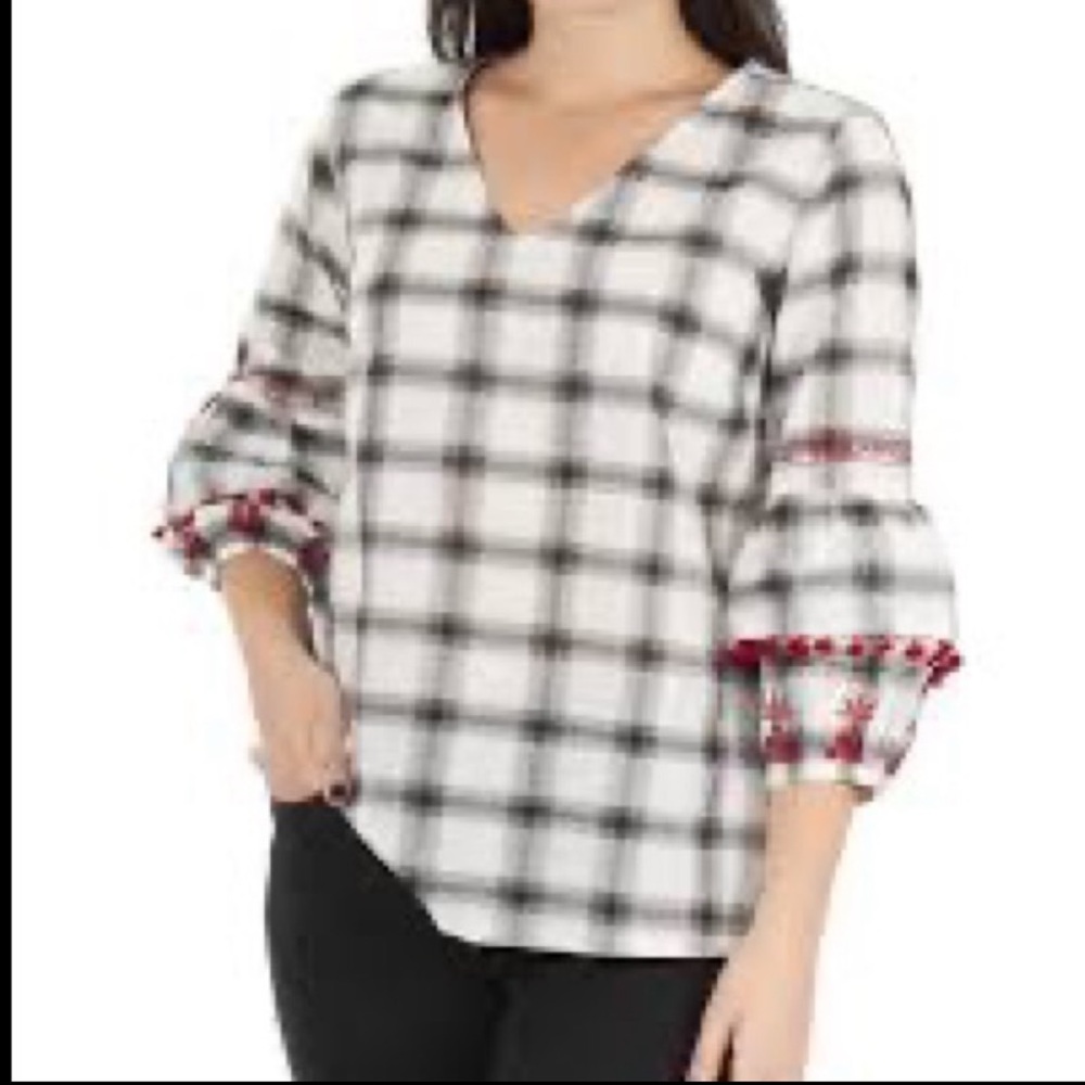 NY Collection Plaid Bell Sleeve Top Size S